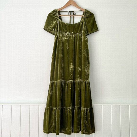 Anthropologie Dresses & Skirts - Anthropologie Olive Green Velvet Empire Waist Midi Dress Size 00P